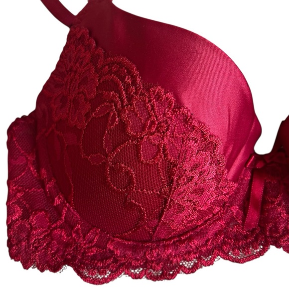 La Vie En Rose Red Wine Satin & Lace Bra- Size 34B - Picture 5 of 7
